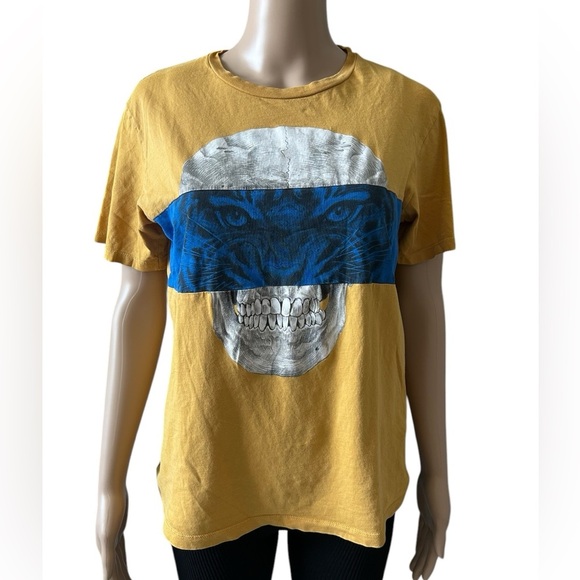 Zara Mustard Yellow Tiger Skull Graphic T-Shirt - Picture 1 of 3